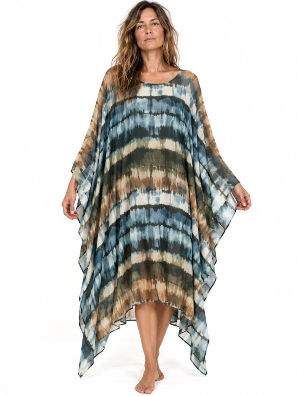 Cha Cha Vente Blue Brown Olive Cream Tie Dye Mesh Kimono Dress Womens Medium